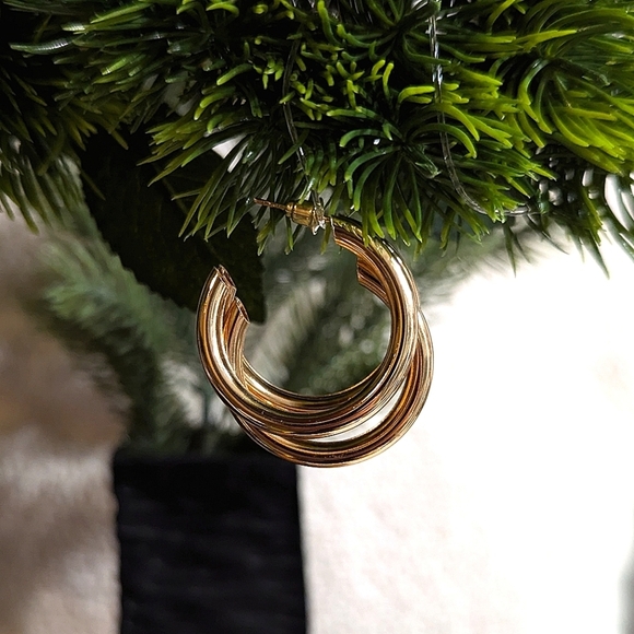 Gold Triple Multi Hollow Hoop Chunky Earrings Women Quiet Luxury - Picture 3 of 9